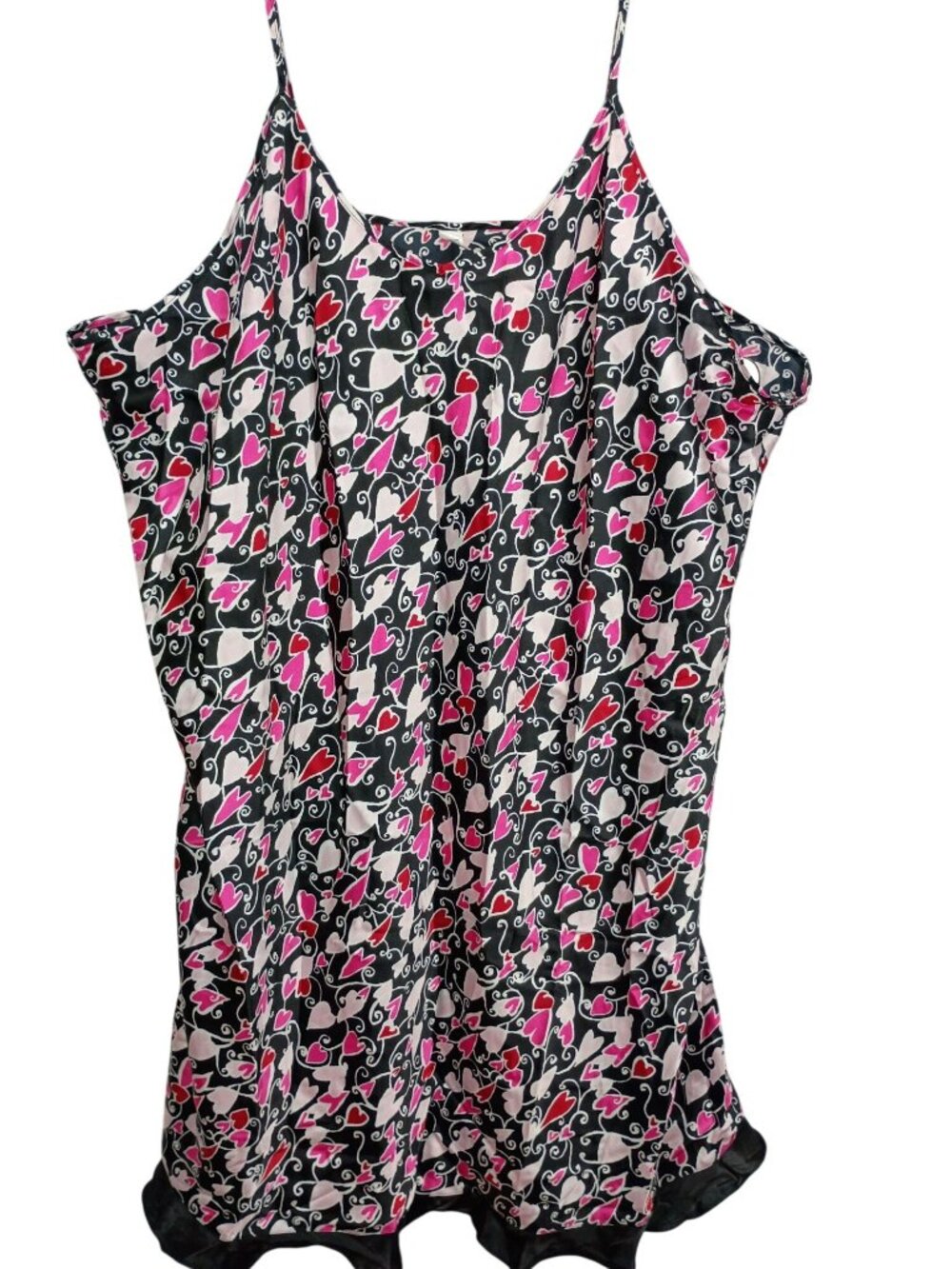 Heart-Print Black Pink Satin Nightgown Ruffle Hem & Adjustable Straps Plus Sz 3X